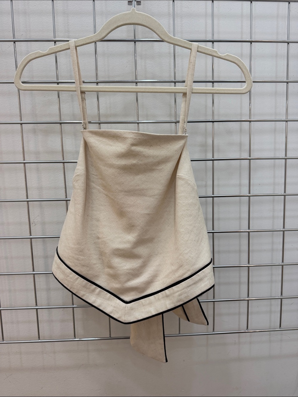 Oatmeal Asymmetric Scarf Top with Black Piping